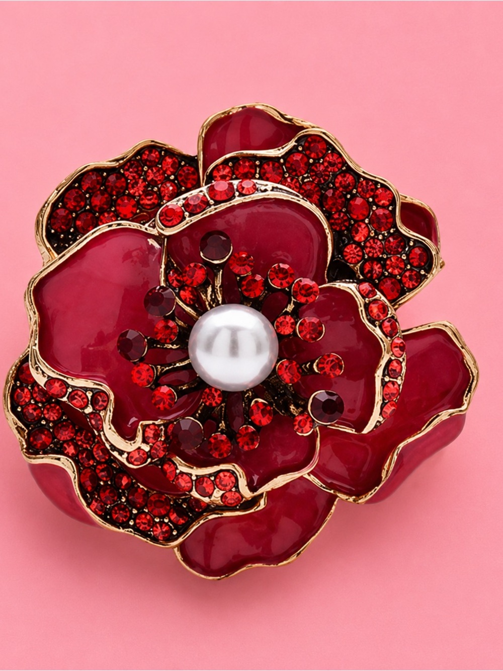 Romantic Red Scarlet Rose Pearl Floral Brooch
